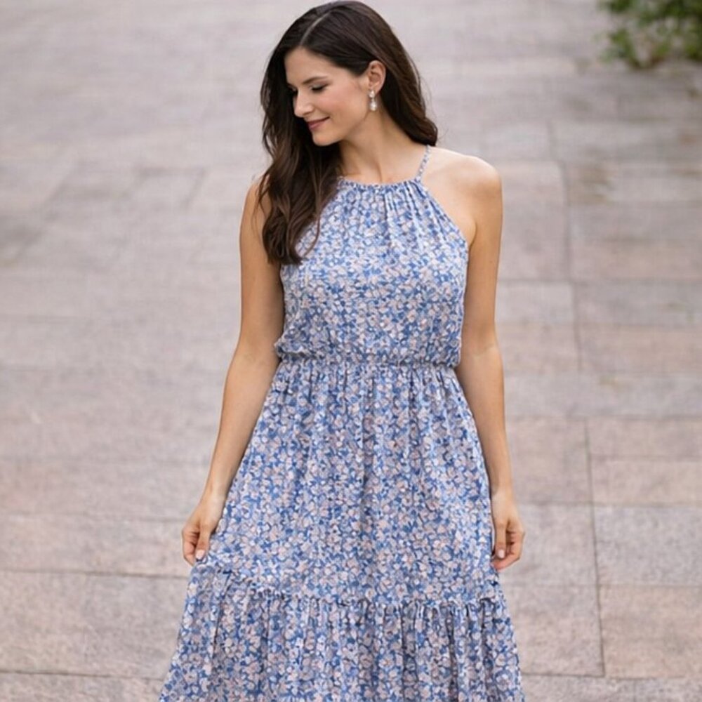 Lush Sky Blue Floral Tiered Ankle Dress | Elastic Waist Sleeveless Halter - S - Picture 4 of 7